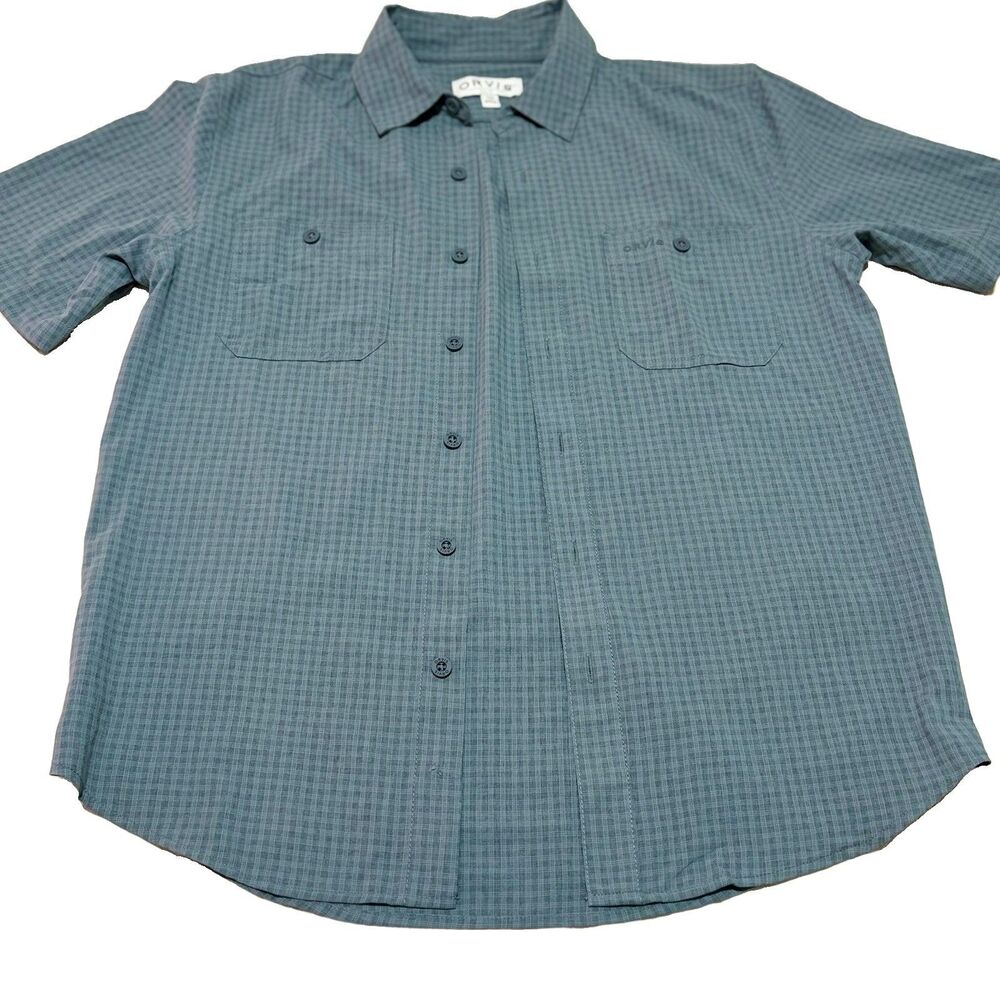 Orvis Men's Short Sleeve Button Up Shirt Plaid Green Gray Hiking Outdoor Size S